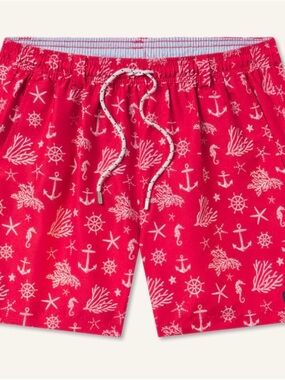 Southern Marsh Red Nautical Print Swim Trunks